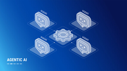 Naklejka na ściany i meble Agentic AI workflow diagram with multi agent system connected - minimal outline isometric technology infographic vector - white outline icons on blue background