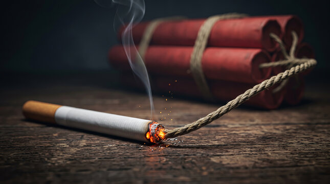 Health toxicity depicted by a lit tobacco stick connected to red explosive cylinders with a burning fiber fuse on a dark rustic wooden surface