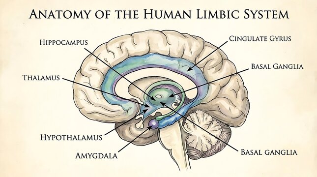 Detailed Medical Illustration of The Human Brain Limbic System Anatomy
