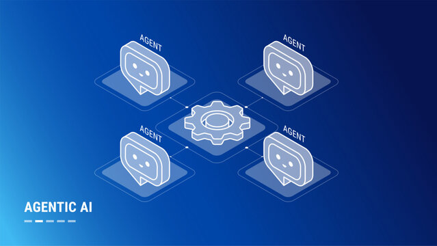 Agentic AI workflow diagram with multi agent system connected - minimal outline isometric technology infographic vector - white outline icons on blue background