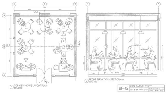 Architectural plan and elevation drawing of a cafe interior layout with seating arrangements and patrons