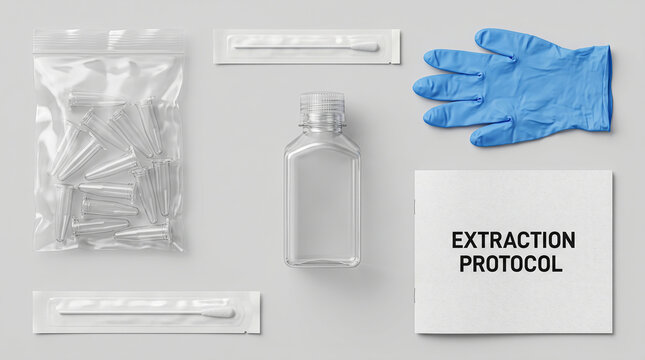Methodical procedural collection featuring translucent polypropylene bottle, textured nitrile glove, and polyethylene sealed sampling components.