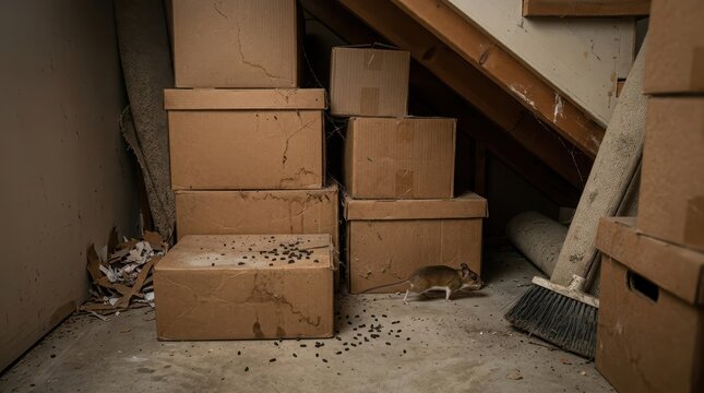 Mouse scurrying through dusty cluttered storage space with piles of cardboard boxes scattered debris and broom.