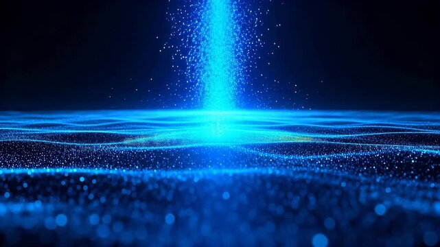Abstract blue digital particles with wavy texture and upward scattering light trails