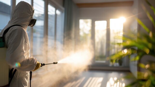 Worker sprays disinfectant in a home during early morning hours for cleanliness and safety