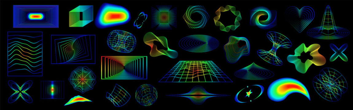 Isolated shapes in Y2K style, . Retrofuturistic rave psychedelic neon wireframe elements with heatmap gradients, glowing geometric forms, holographic wavesperspective grids, cyberpunk elements.