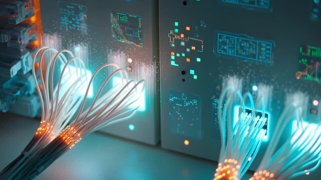 Fiber optic cables plugged into server equipment with glowing data effects, high speed network connection, cloud computing, futuristic technology concept.