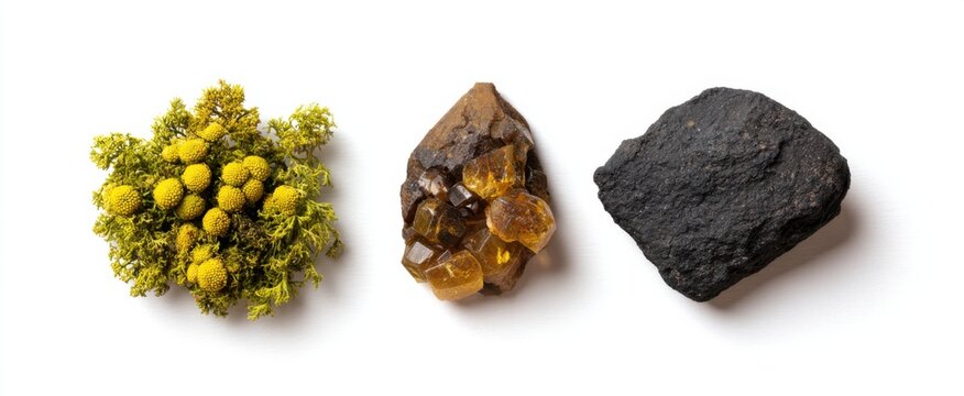 Moss dried flower bud and honey-hued amber stone with charcoal basalt rock for organic designs.