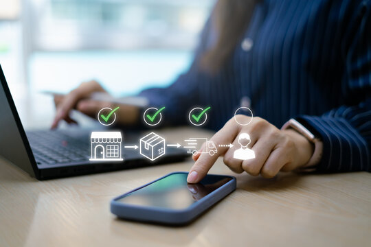 Person Using smartphone for Online Shopping status.E-commerce seller tracking order status with smartphone to delivery.track online delivery,order,tracking,map,real-time route tracking,logistics