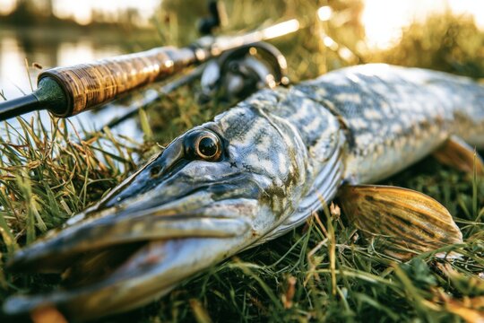 Sunlit grass cradles a large pike, glistening scales catching light