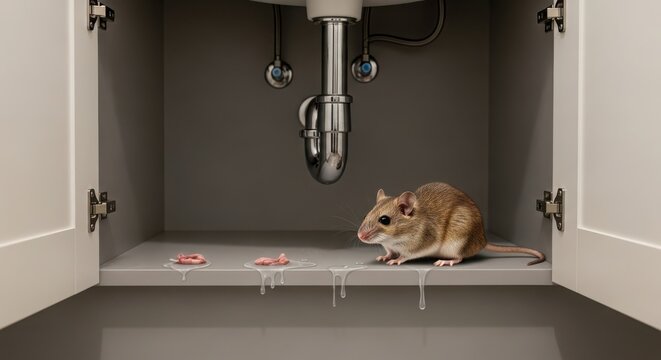 Mouse under sink with leaking pipes and pink food scraps, plumbing problem, rodent infestation.