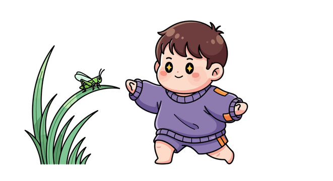 Curious toddler observing grasshopper in tall grass.