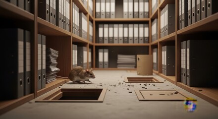 Obraz premium Field mouse navigates organized office archive room with files and shelving suggesting unexpected pest problems in business space.