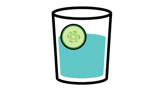 Illustration of a glass filled with blue water, adorned with a cucumber slice on the rim, set against a white background