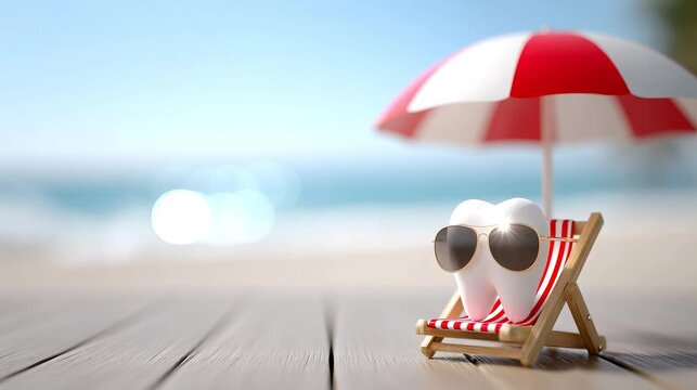 Tooth character relaxing on beach chair under umbrella by ocean  