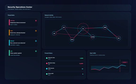 Cybersecurity Operations Center Network Dashboard. Dark SOC interface showing threat alerts, network activity graph, firewall status, and data traffic anomaly chart. Vector dashboard app with UI, UX
