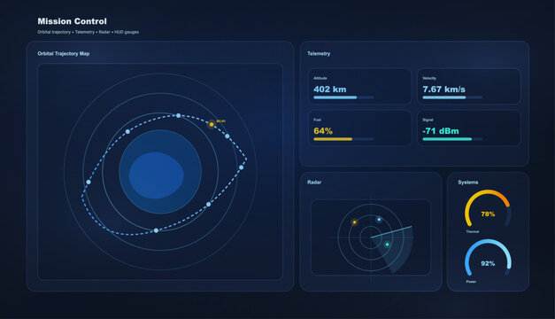 Space Mission Control Telemetry Dashboard Interface. Dark blue space mission control dashboard with orbital trajectory map, telemetry cards, radar display, and system gauges for spacecraft. Vector UI