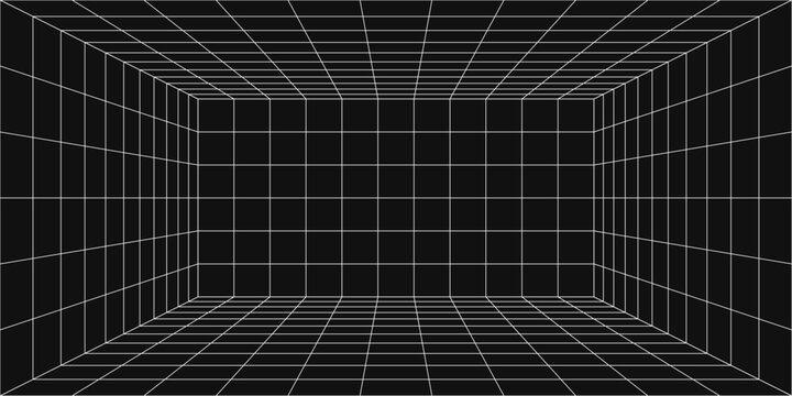 Futuristic perspective grid. White wireframe grid on black background. Abstract line floor in retro cyberpunk style. Virtual digital space with square interior template. Vector illustration