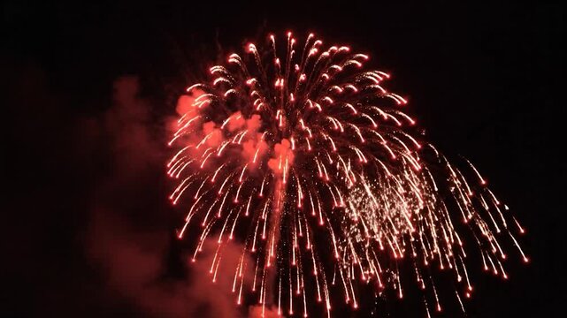 Single pink and white firework rocket exploding in the dark night sky with smoke trails