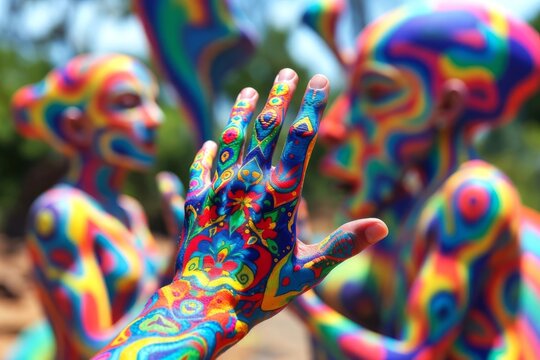 Primo piano di una mano decorata con intricata body art psichedelica dai colori vivaci su sfondo sfocato