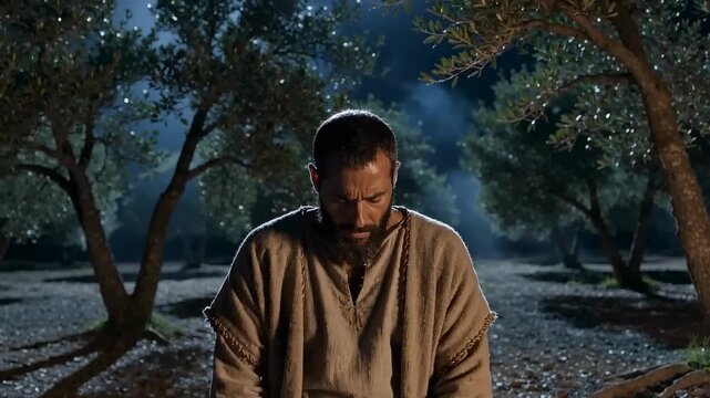 A bearded man in ancient biblical robes kneeling in prayer within a moonlit olive grove at night, representing a scene of spiritual devotion, faith, and quiet contemplation.