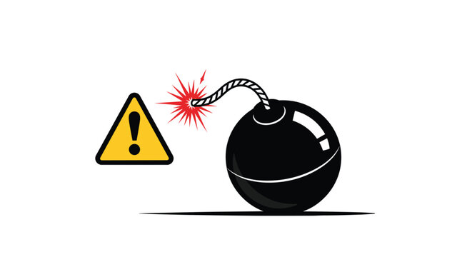 Black spherical bomb with a lit burning fuse and a yellow exclamation warning sign representing a dangerous explosive hazard.