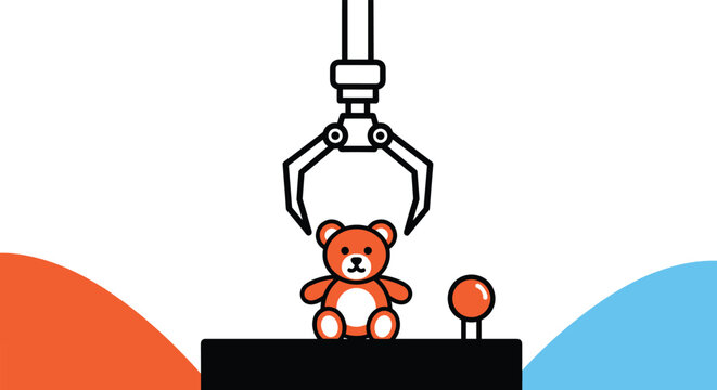 Orange teddy bear sitting inside a claw machine game with the metal grabber positioned directly above it ready to play.