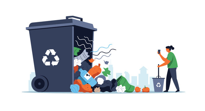 Person using a smartphone to manage waste next to a large overflowing recycling bin filled with various types of trash.