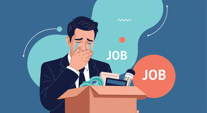 Emotional businessman crying while holding a cardboard box of office belongings after being laid off from his job.