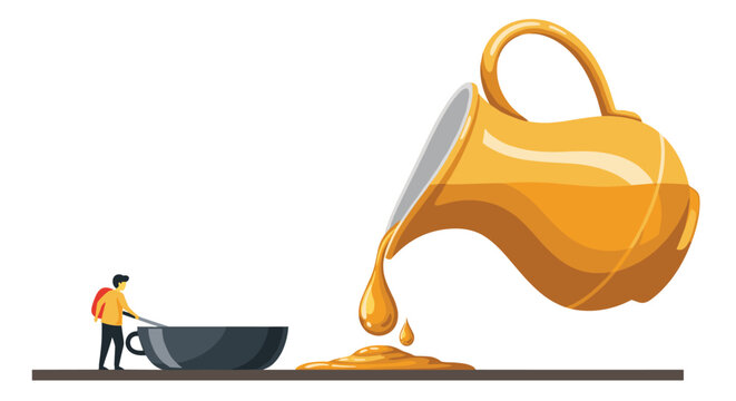 Conceptual image of a giant golden pitcher pouring liquid into a spill next to a tiny person with a large black cup.