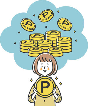 ポイ活でポイントをたくさんゲットする女性　ベクター
