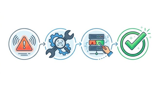 A linear infographic showing a progression from an alert error to resolution through maintenance, representing IT support, troubleshooting, and system optimization.