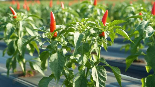 Red chili peppers growing on plants in a field close up shot