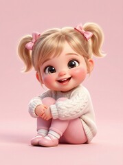 Fototapeta premium Cute Little Girl Sitting on Pink Background