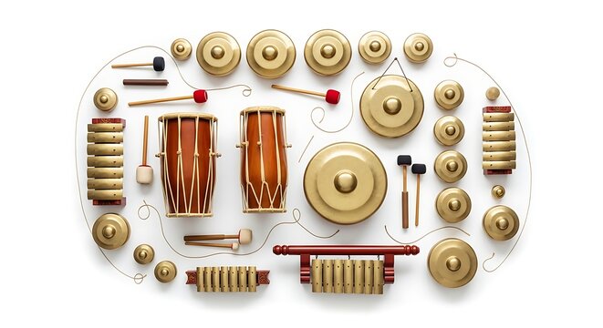 Percussion musical instruments on white.