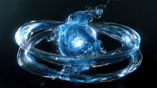 Central glowing core surrounded by synchronized orbiting glass rings.