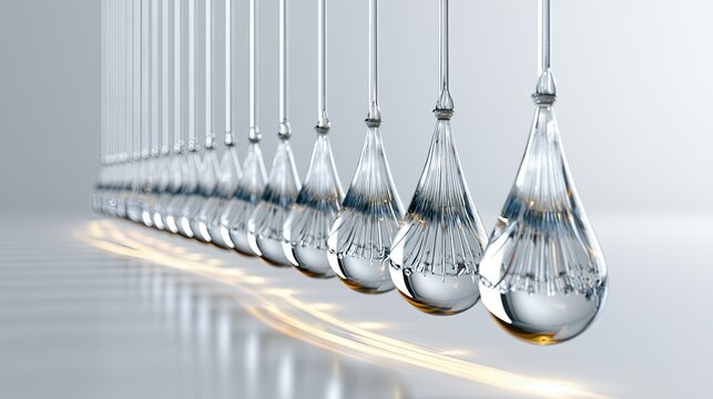 Transparent liquid glass pendulums swinging perfectly in sync.