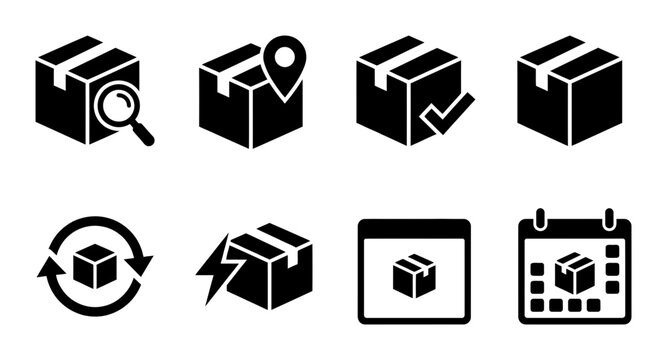 Delivery Icons Set: Shipping Box Logistics, Tracking, Calendar, Return, Quality Check