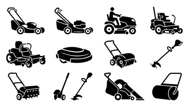 Lawn Care Machine and Garden Equipment Silhouette Icons Set