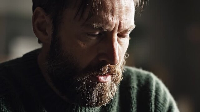 Caucasian male with a beard wearing a green sweater appears contemplative while focusing on a task in a softly lit indoor setting with blurred background elements