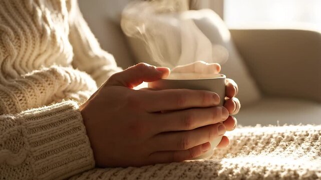 Warm hands of a person in a knitted sweater cradle a steaming cup of tea or coffee while seated on a cozy sofa in a sunlit room with soft shadows