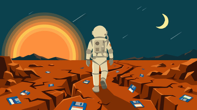 Astronaut on alien planet, sunset, moon, stars, and scattered floppy disks