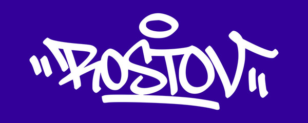 White Rostov city tag typography graphic displaying unique hand drawn urban graffiti lettering style for alternative youth culture streetwear clothing brand apparel merchandise clip art. © dirtyfellas