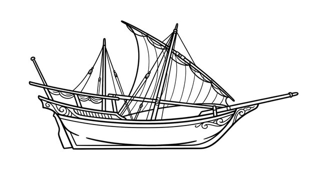Traditional Dhow Sailing Ship Line Art Coloring Page with Large Sail and Decorative Hull
