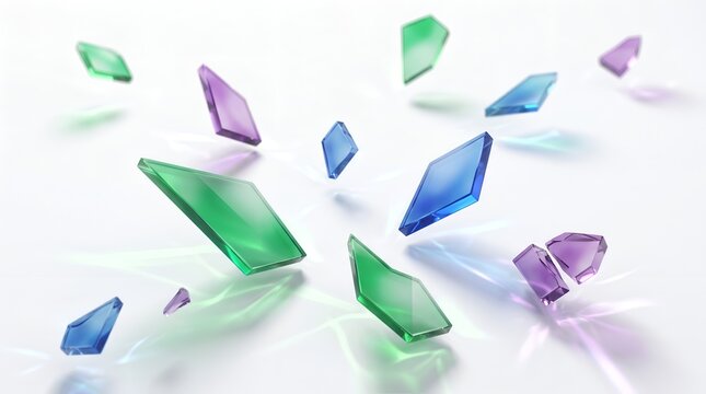 Abstract 3D rendering of exploding colored glass shards flying over a white surface with light refractions