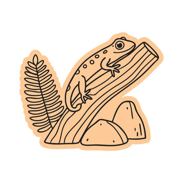 Gecko Resting on Forest Branch Sticker Doodle Illustration