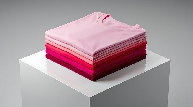 Stack of folded pink and red t-shirts on a white cube, studio shot.