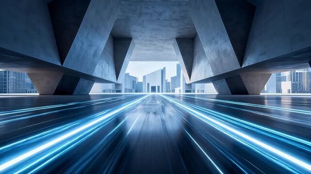 Modern geometric concrete architecture structure with blue light strip in minimalist space