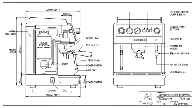 Technical schematic drawing of an espresso machine with detailed component labels and dimensions technical drawing