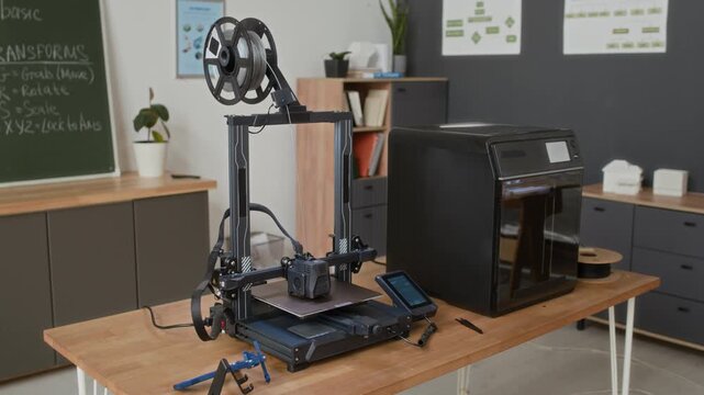 No people shot of 3D printer with gray plastic and closed one in black case, with green board in background displaying notes on 3D modeling and building models on table in classroom